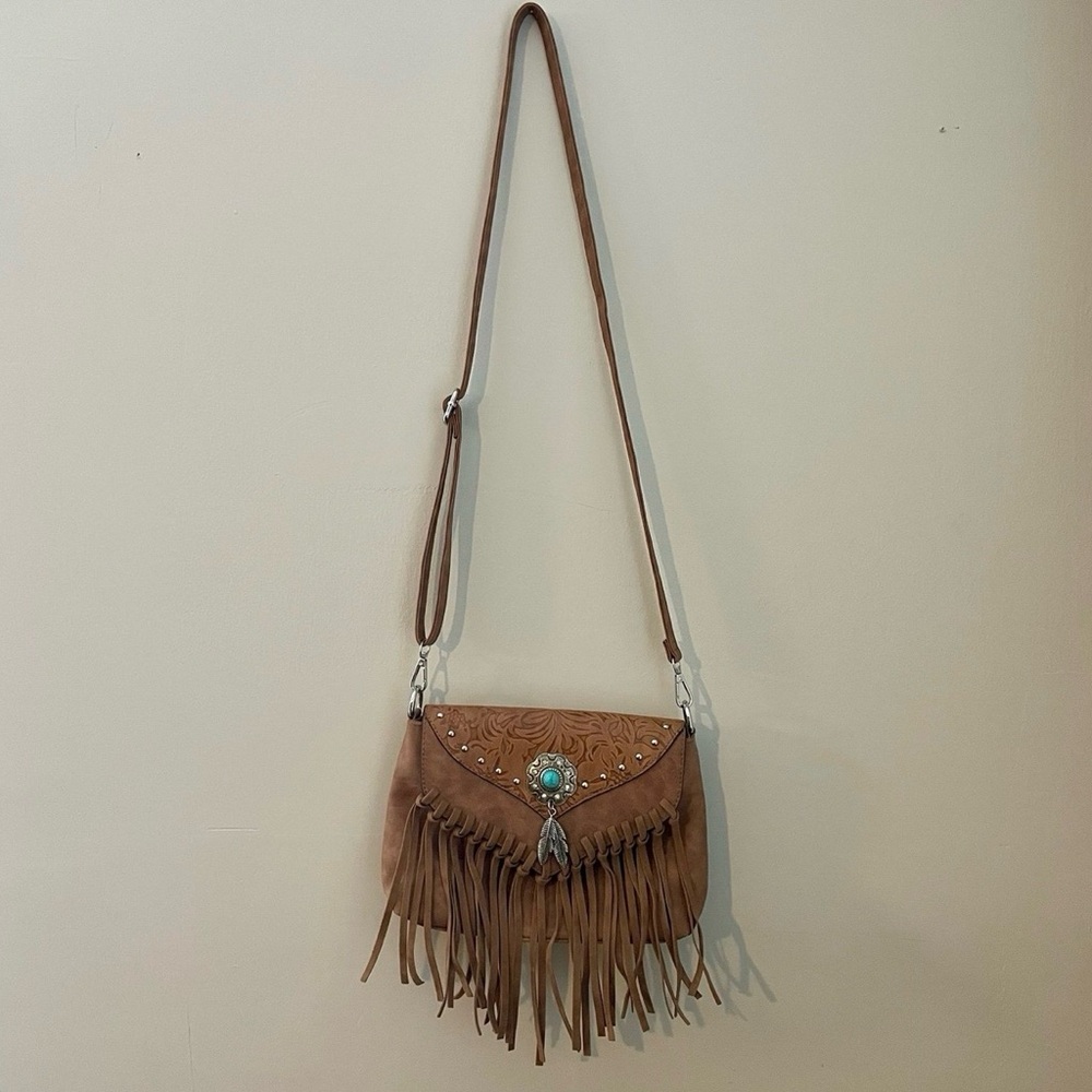 NEW Western Fringed Brown with Turquoise Crossbody Bag - Picture 5 of 8